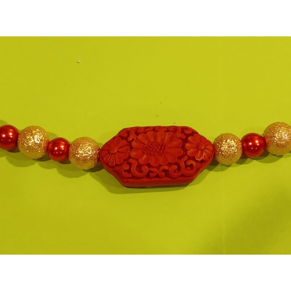 Red & Golden beaded  Cinnabar flower focus bead Necklace Bracelet Set Plus size - Picture 3 of 14